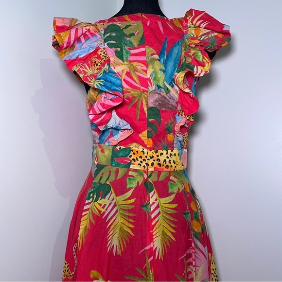 Farm Rio- Tropical Jungle Midi Dress Size S Red Deep V Summer Flutter Sleeves - Picture 14 of 16